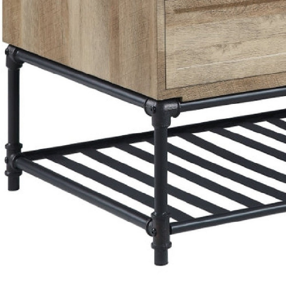 Benjara Ley 47 Inch Coffee Table, 2 Drawers, Industrial Design, Slatted Shelf, Oak