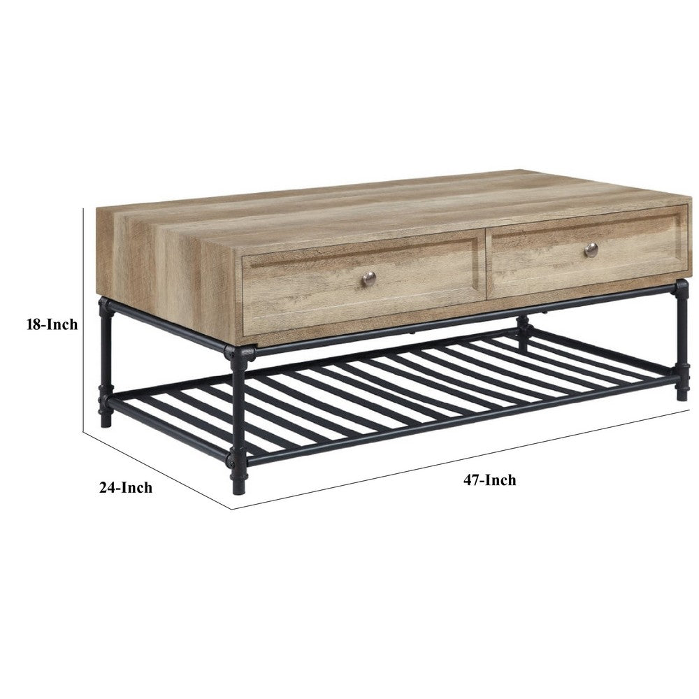 Benjara Ley 47 Inch Coffee Table, 2 Drawers, Industrial Design, Slatted Shelf, Oak