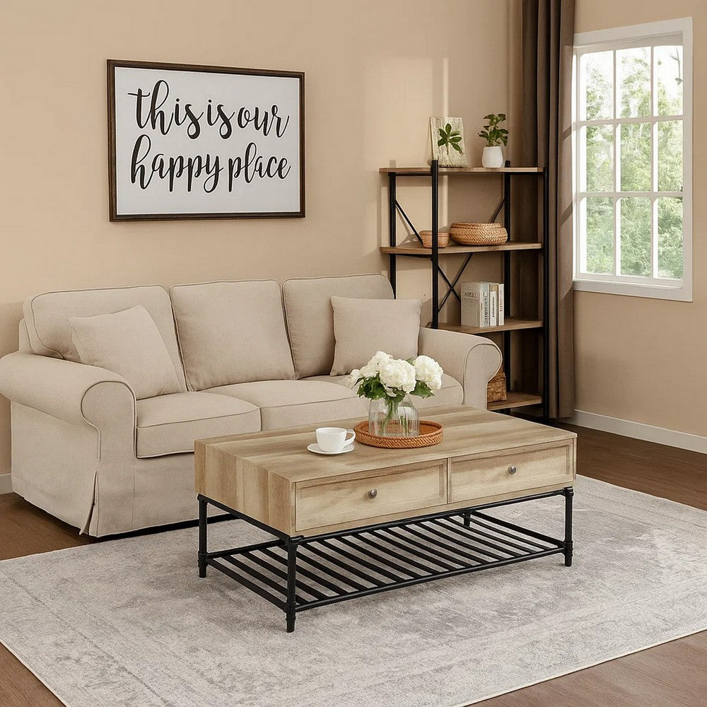 Benjara Ley 47 Inch Coffee Table, 2 Drawers, Industrial Design, Slatted Shelf, Oak