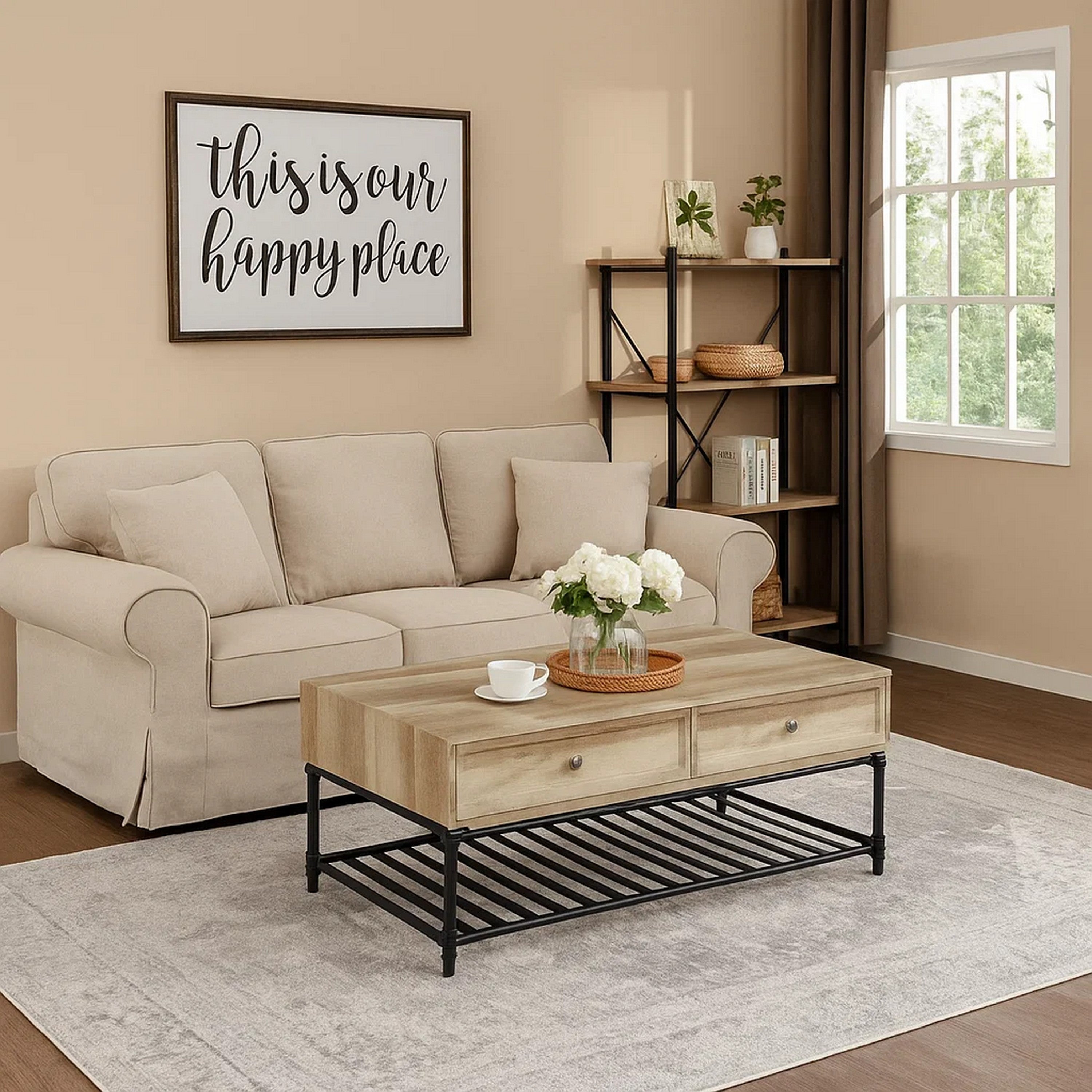 Benjara Ley 47 Inch Coffee Table, 2 Drawers, Industrial Design, Slatted Shelf, Oak