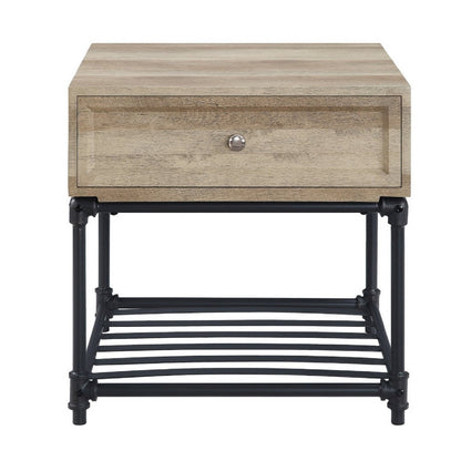 Benjara Ley 22 Inch End Table, 1 Drawer, Industrial Design, Slatted Shelf, Oak