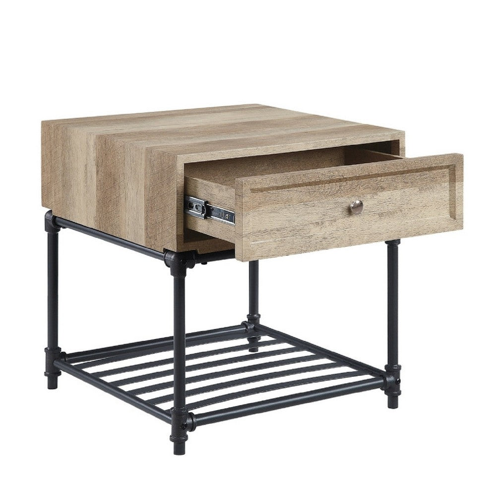 Benjara Ley 22 Inch End Table, 1 Drawer, Industrial Design, Slatted Shelf, Oak