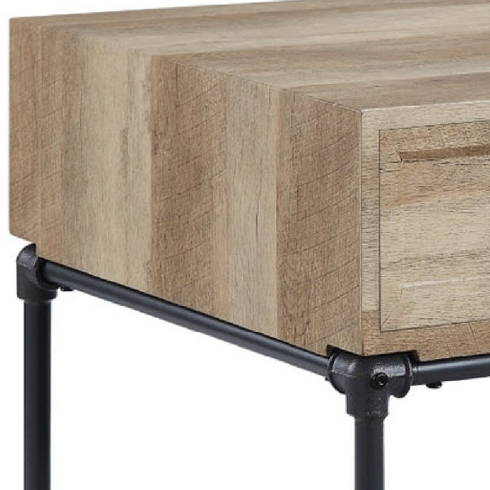 Benjara Ley 22 Inch End Table, 1 Drawer, Industrial Design, Slatted Shelf, Oak