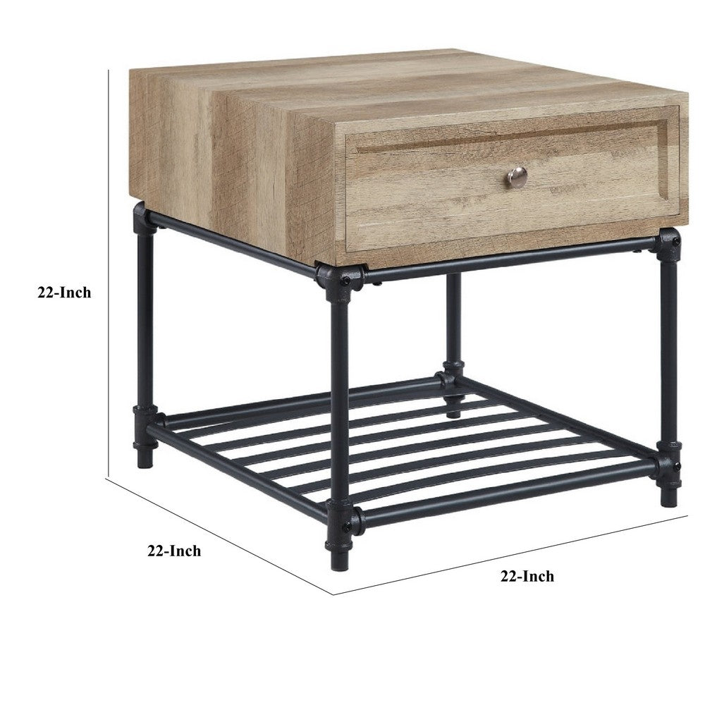 Benjara Ley 22 Inch End Table, 1 Drawer, Industrial Design, Slatted Shelf, Oak