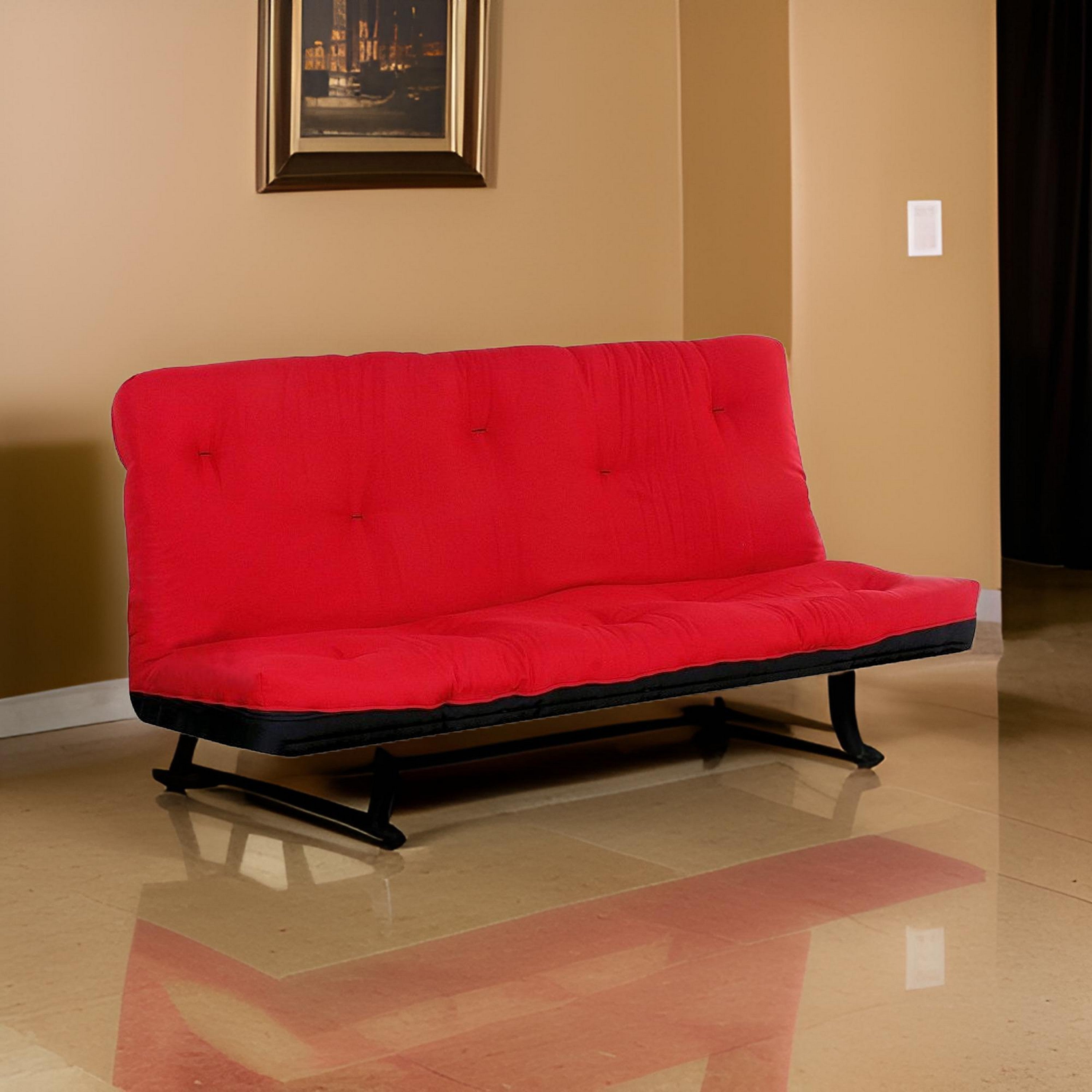 Benjara Nab Full Size Futon Mattress, Tufted, Poplin Fabric, Red, Black
