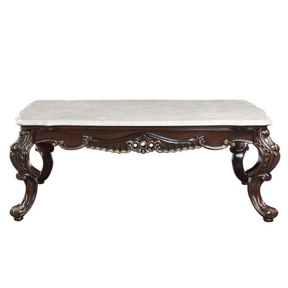Benjara Ben 52 Inch Marble Coffee Table, Scrolled Details, Cabriole Legs, Brown