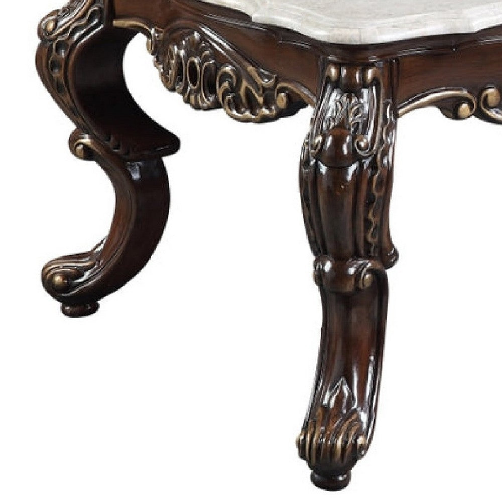 Benjara Ben 52 Inch Marble Coffee Table, Scrolled Details, Cabriole Legs, Brown