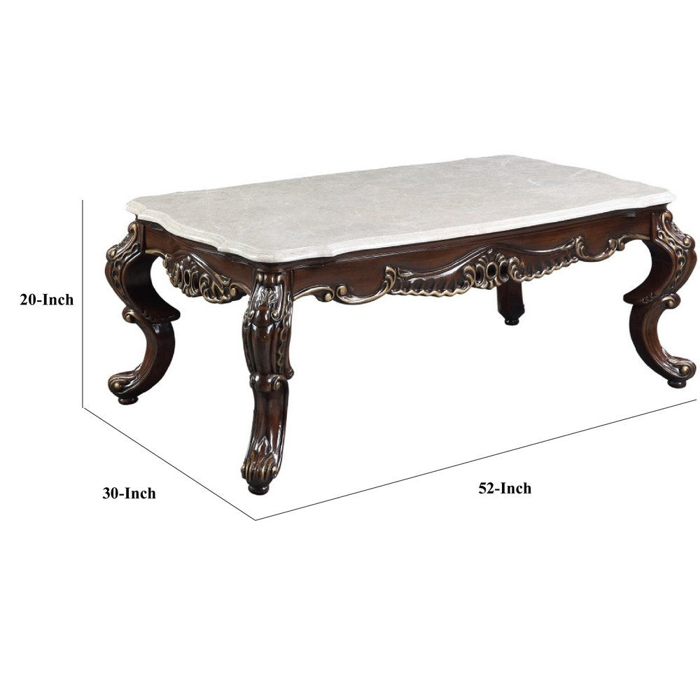 Benjara Ben 52 Inch Marble Coffee Table, Scrolled Details, Cabriole Legs, Brown