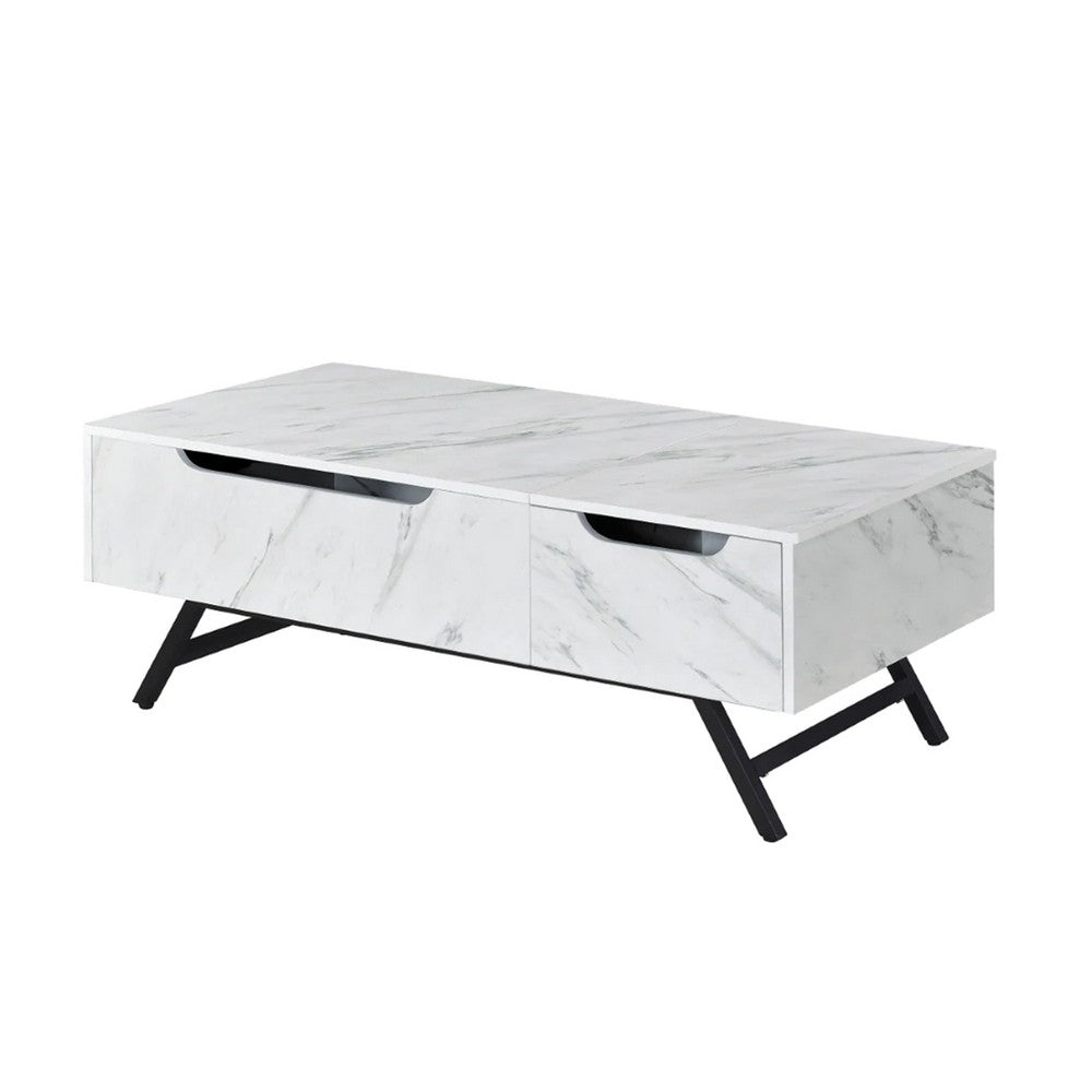 Benjara Hew 48 Inch Wood Coffee Table, Lift Top, 2 Drawers Storage, White