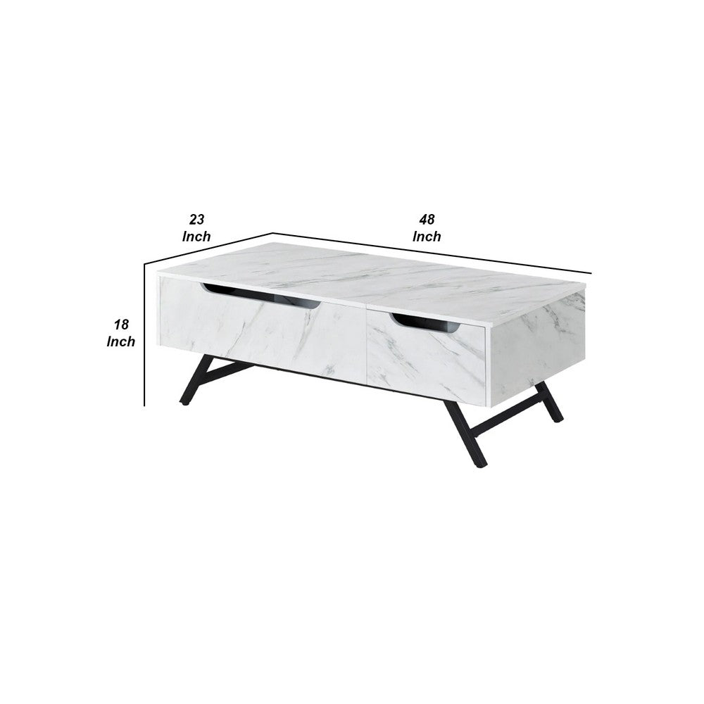 Benjara Hew 48 Inch Wood Coffee Table, Lift Top, 2 Drawers Storage, White