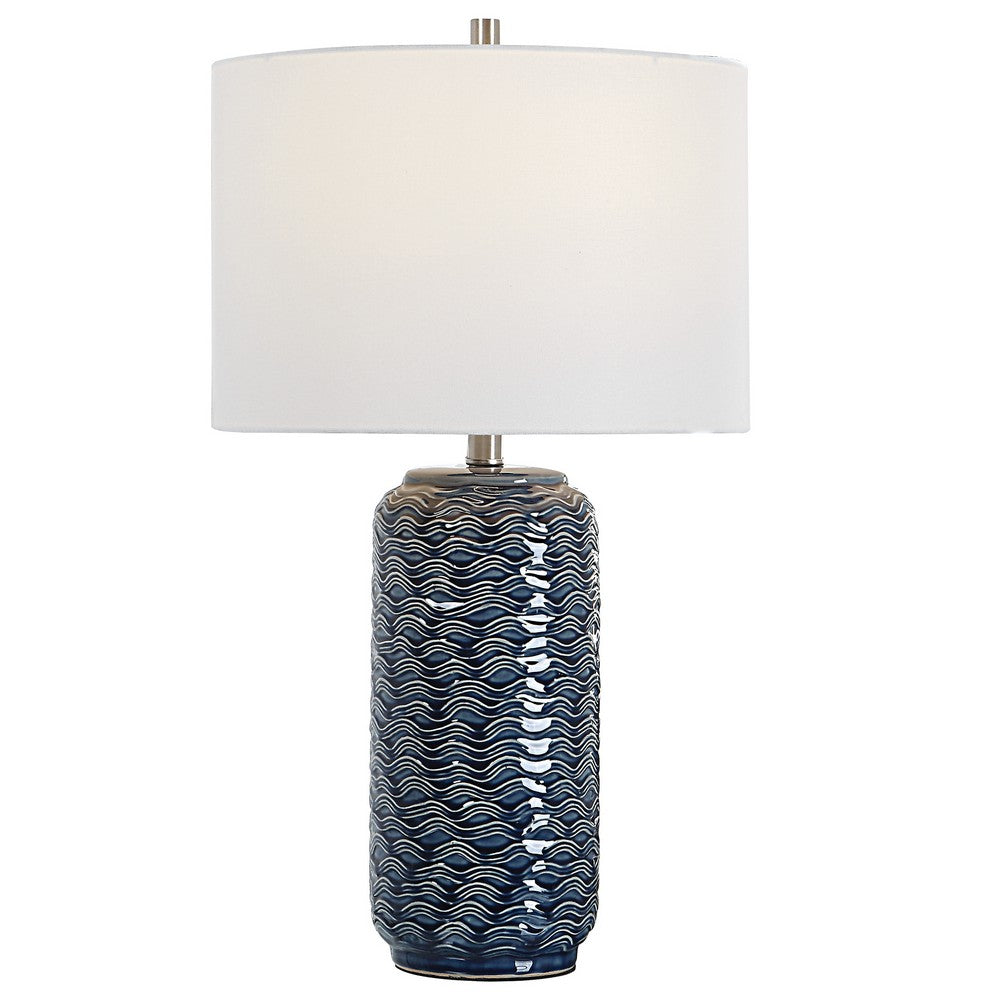 Benjara 27 Inch Ceramic Table Lamp, Wavy Texture, Blue, Silver, White