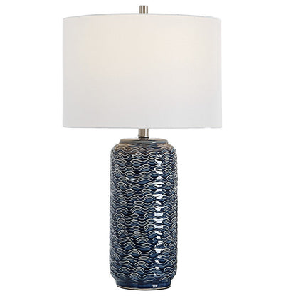 Benjara 27 Inch Ceramic Table Lamp, Wavy Texture, Blue, Silver, White