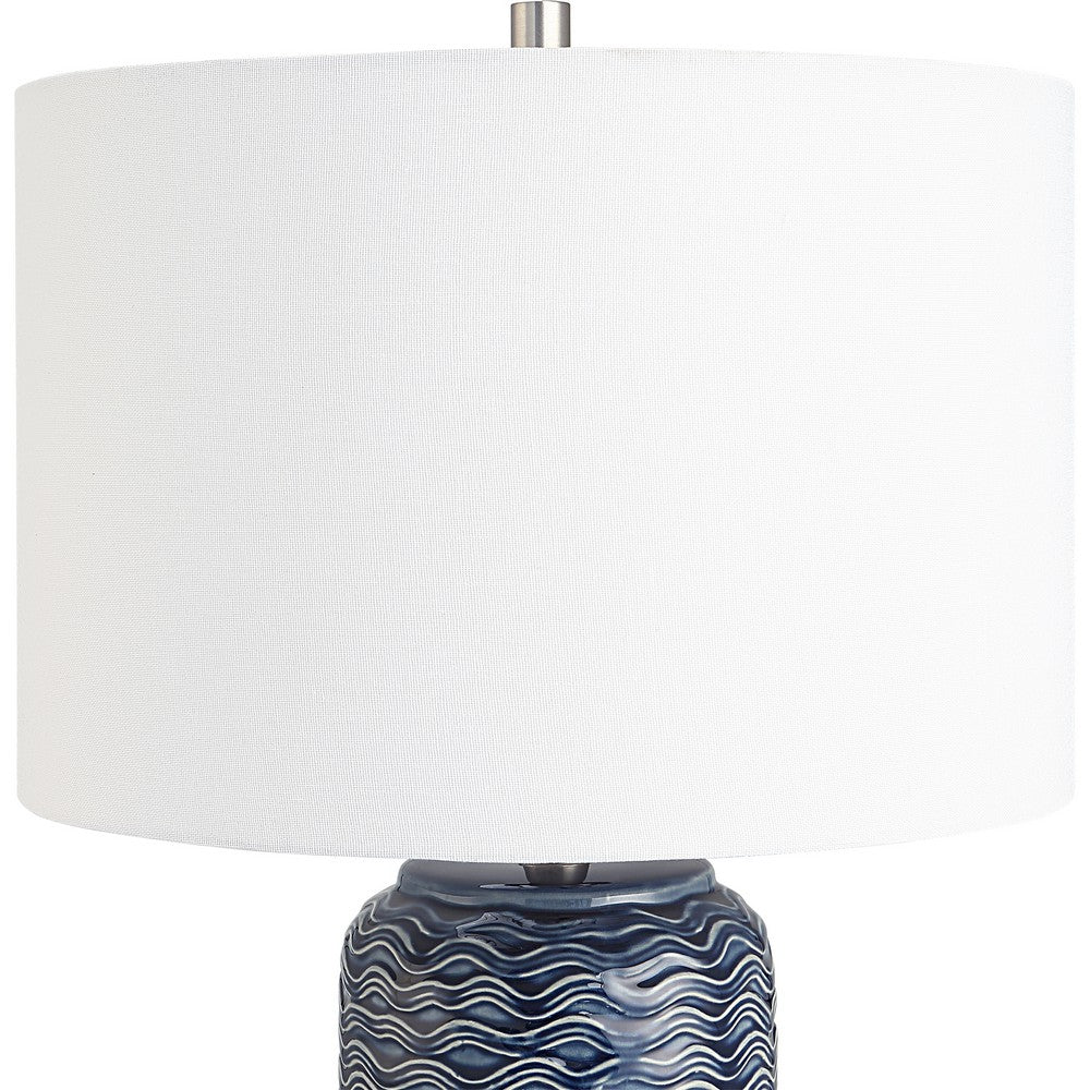 Benjara 27 Inch Ceramic Table Lamp, Wavy Texture, Blue, Silver, White
