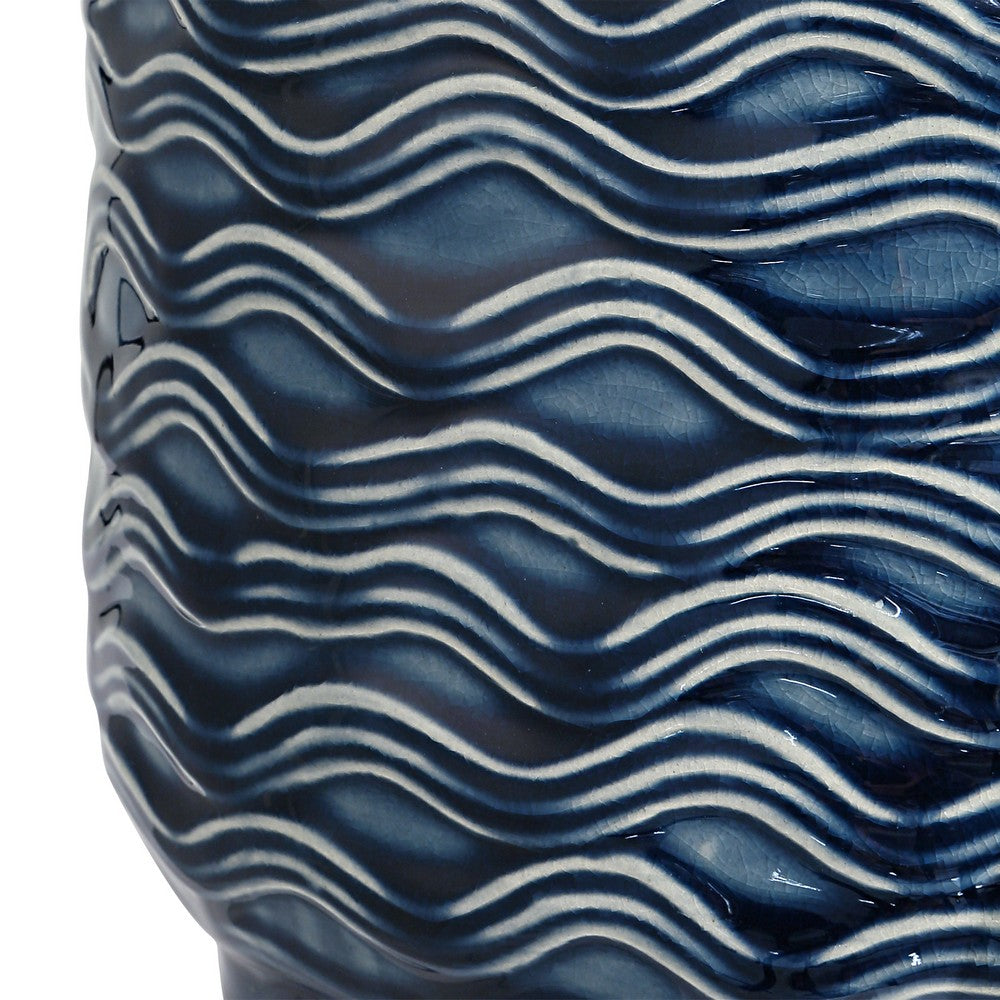 Benjara 27 Inch Ceramic Table Lamp, Wavy Texture, Blue, Silver, White