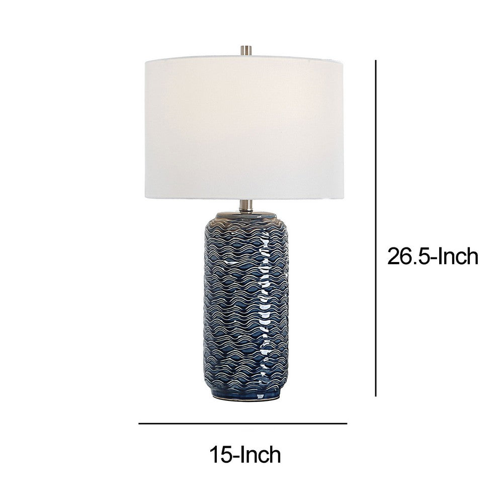 Benjara 27 Inch Ceramic Table Lamp, Wavy Texture, Blue, Silver, White