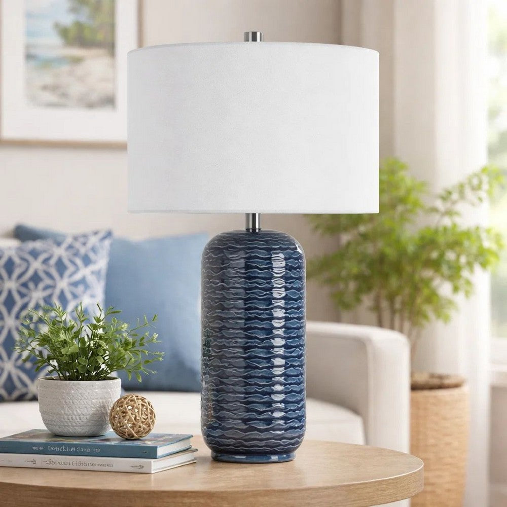 Benjara 27 Inch Ceramic Table Lamp, Wavy Texture, Blue, Silver, White