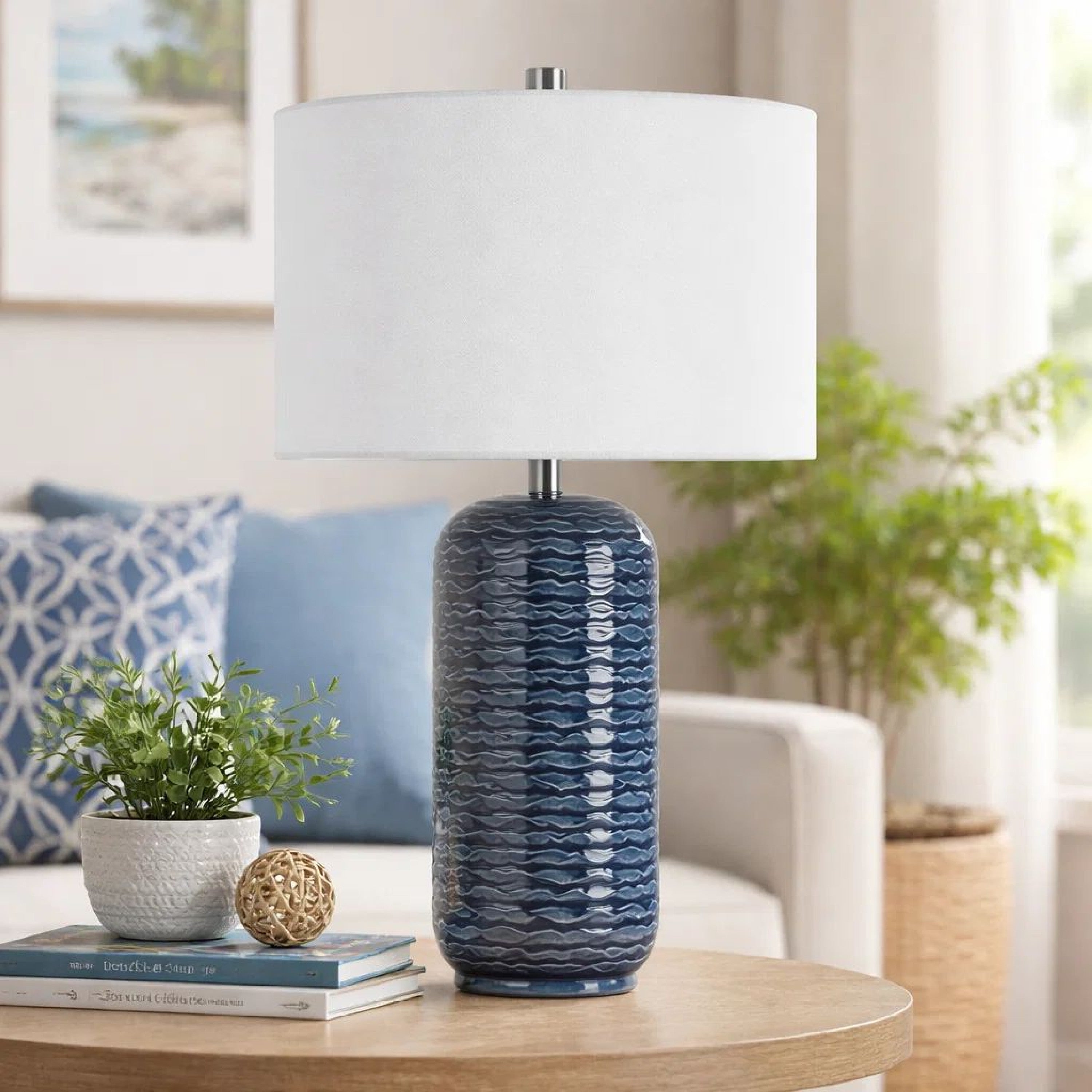 Benjara 27 Inch Ceramic Table Lamp, Wavy Texture, Blue, Silver, White