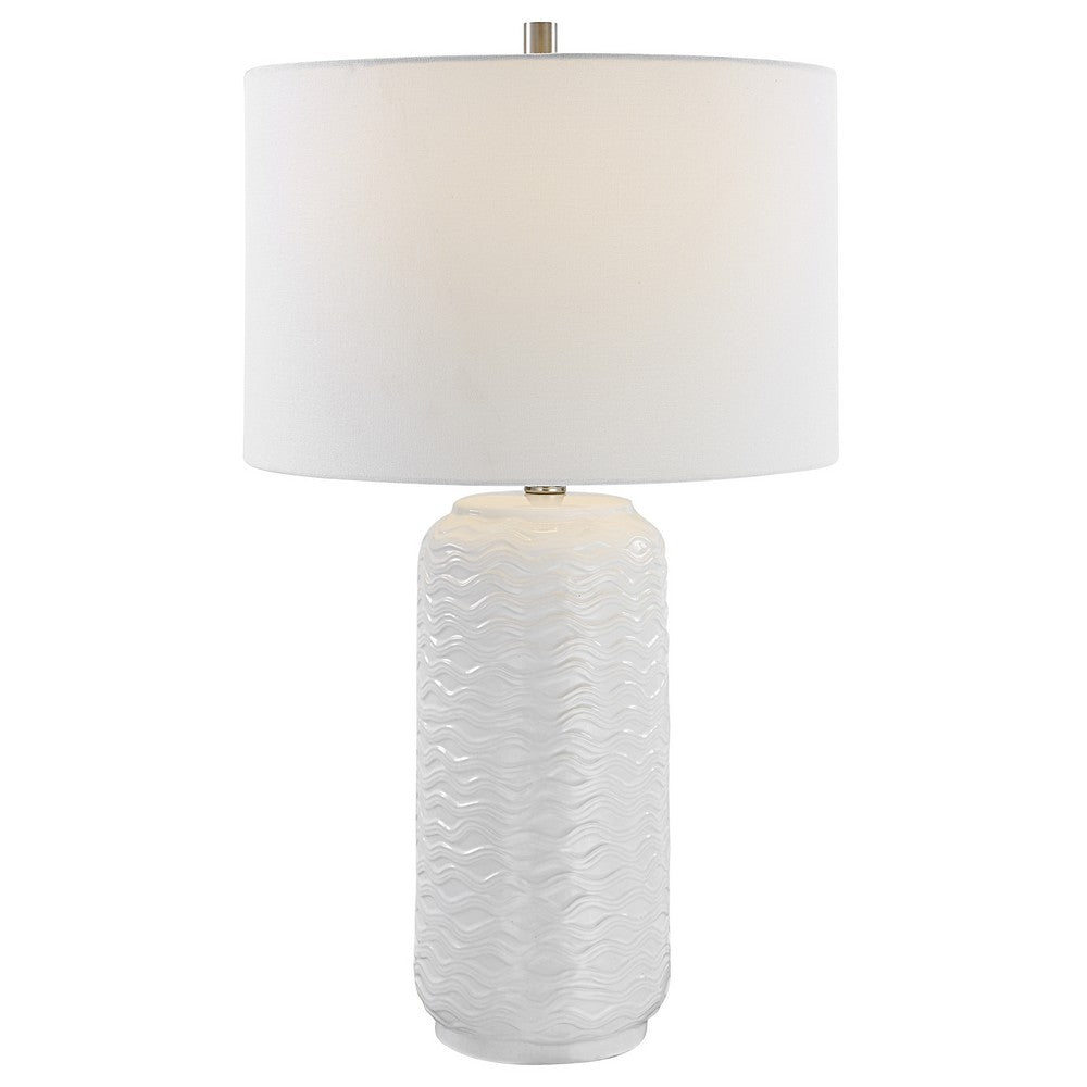Benjara 27 Inch Ceramic Table Lamp, Wavy Texture, Silver, White