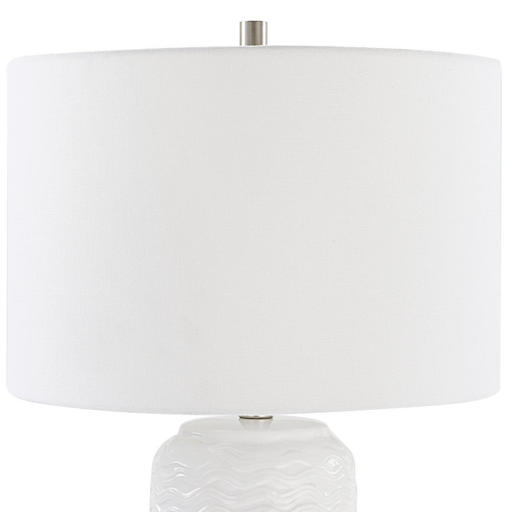 Benjara 27 Inch Ceramic Table Lamp, Wavy Texture, Silver, White