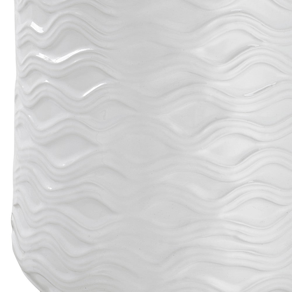 Benjara 27 Inch Ceramic Table Lamp, Wavy Texture, Silver, White