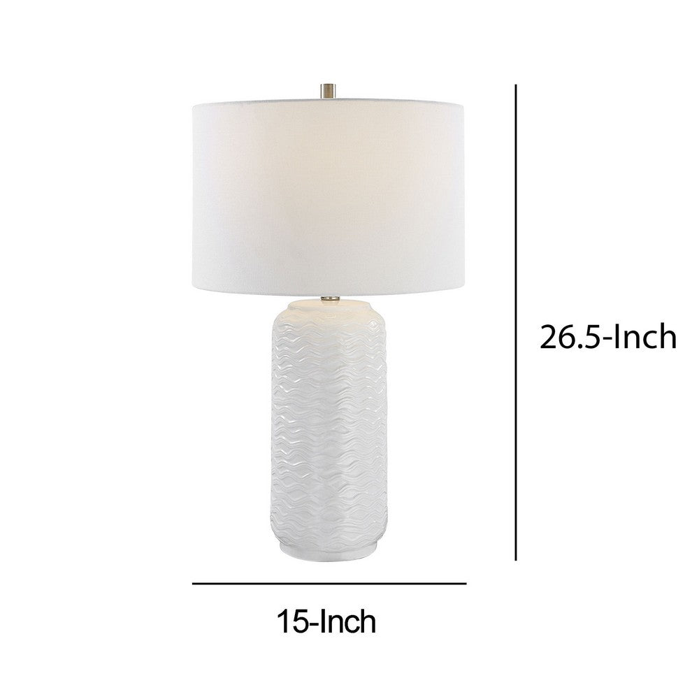 Benjara 27 Inch Ceramic Table Lamp, Wavy Texture, Silver, White