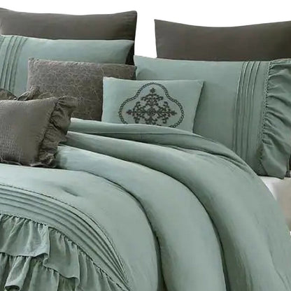 The Urban Port Tyler 8 Piece Ruffled King Size Comforter Set, The Urban Port, Green, Gray