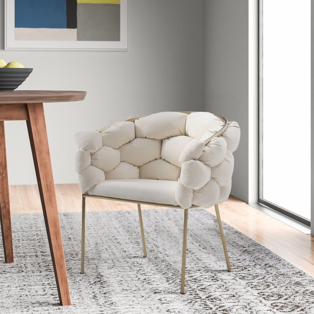 Benjara Cid 26 Inch Modern Curved Dining Chair, Bubble Tufted Back, Cream