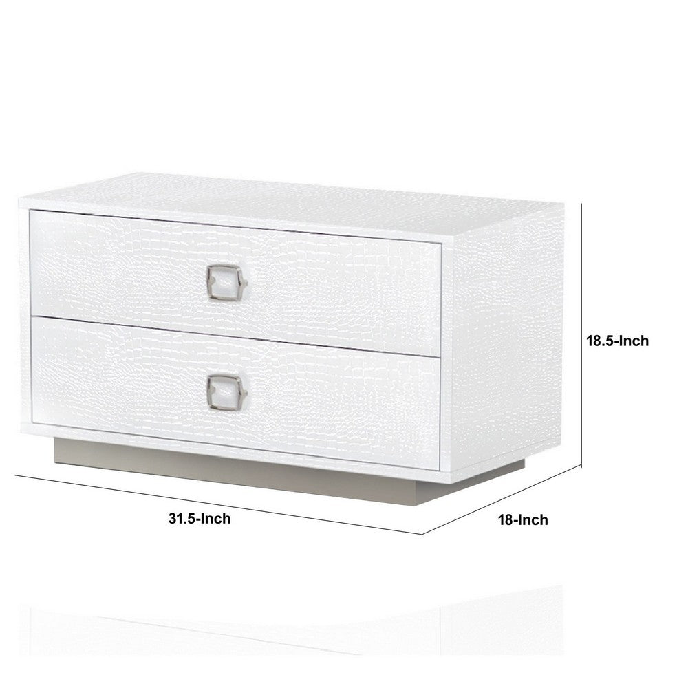 Benjara Hart 32 Inch Modern Nightstand, 2 Drawers, Textured Lacquer Finish, White