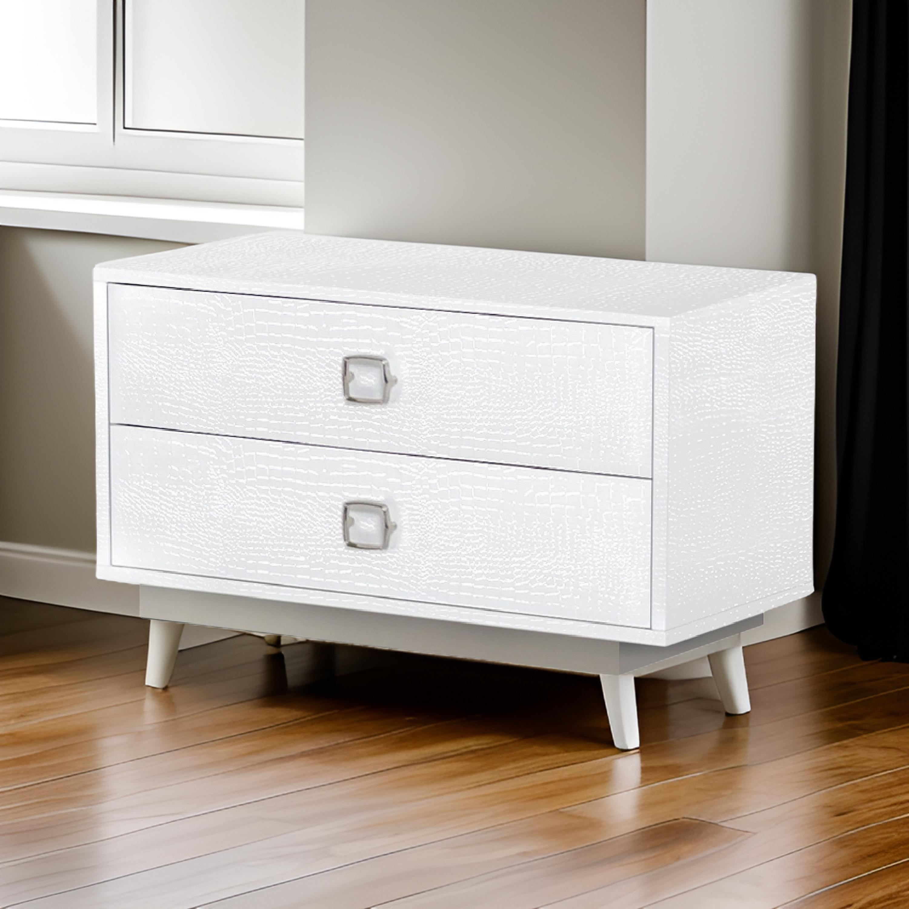 Benjara Hart 32 Inch Modern Nightstand, 2 Drawers, Textured Lacquer Finish, White