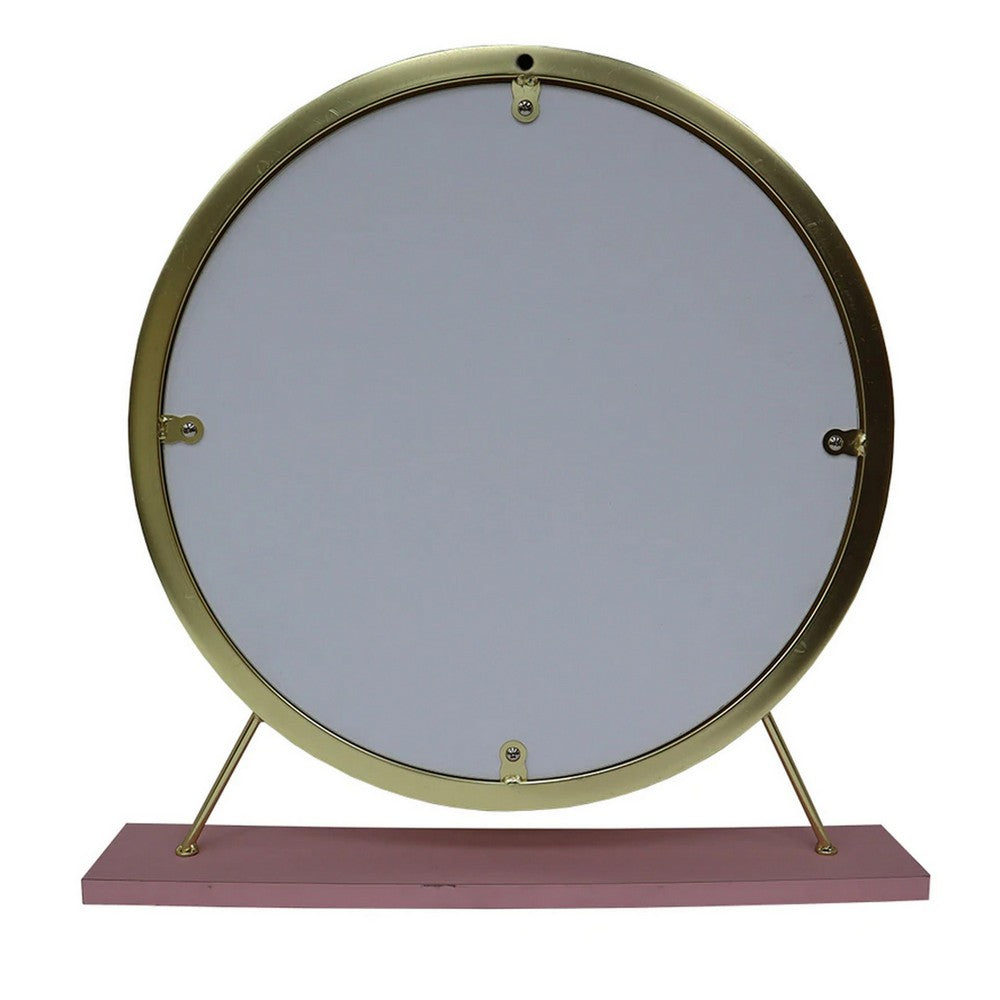Benjara Rose Round Vanity Mirror with Stool, Faux Fur Seat, Brass. Pink