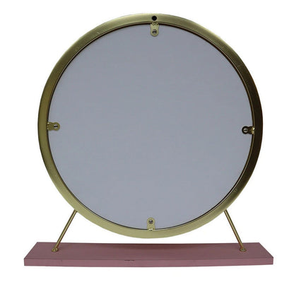 Benjara Rose Round Vanity Mirror with Stool, Faux Fur Seat, Brass. Pink