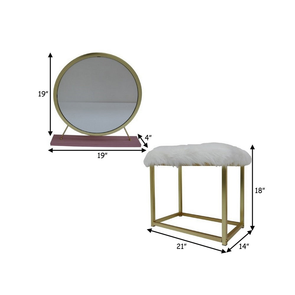 Benjara Rose Round Vanity Mirror with Stool, Faux Fur Seat, Brass. Pink