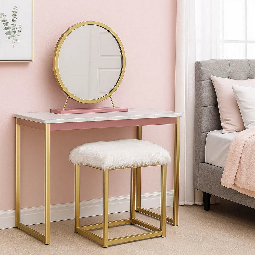 Benjara Rose Round Vanity Mirror with Stool, Faux Fur Seat, Brass. Pink