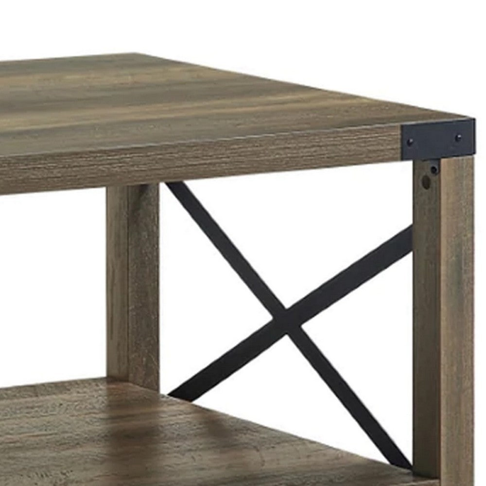 Benjara Eli 47 Inch Wood Coffee Table, Metal Brackets, Cross Bars, Rustic Oak Brown