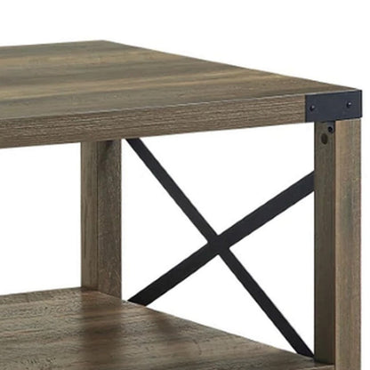 Benjara Eli 47 Inch Wood Coffee Table, Metal Brackets, Cross Bars, Rustic Oak Brown