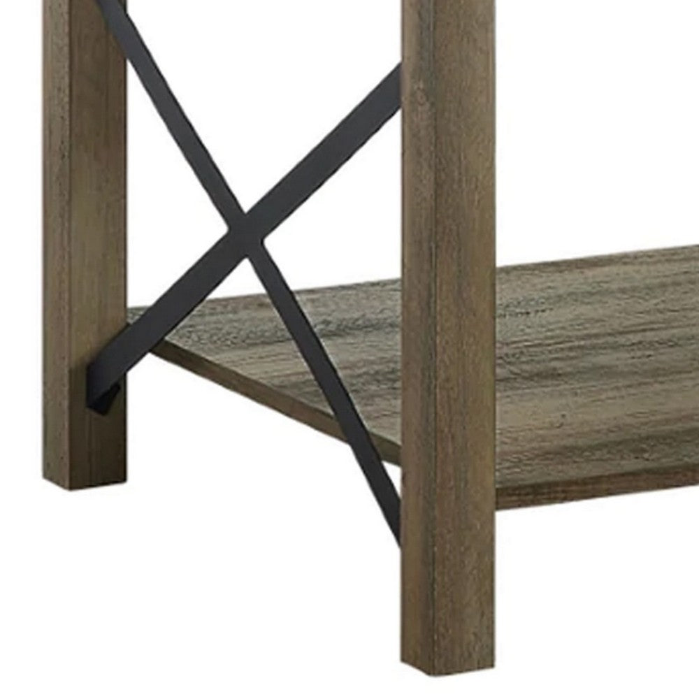 Benjara Eli 47 Inch Wood Coffee Table, Metal Brackets, Cross Bars, Rustic Oak Brown