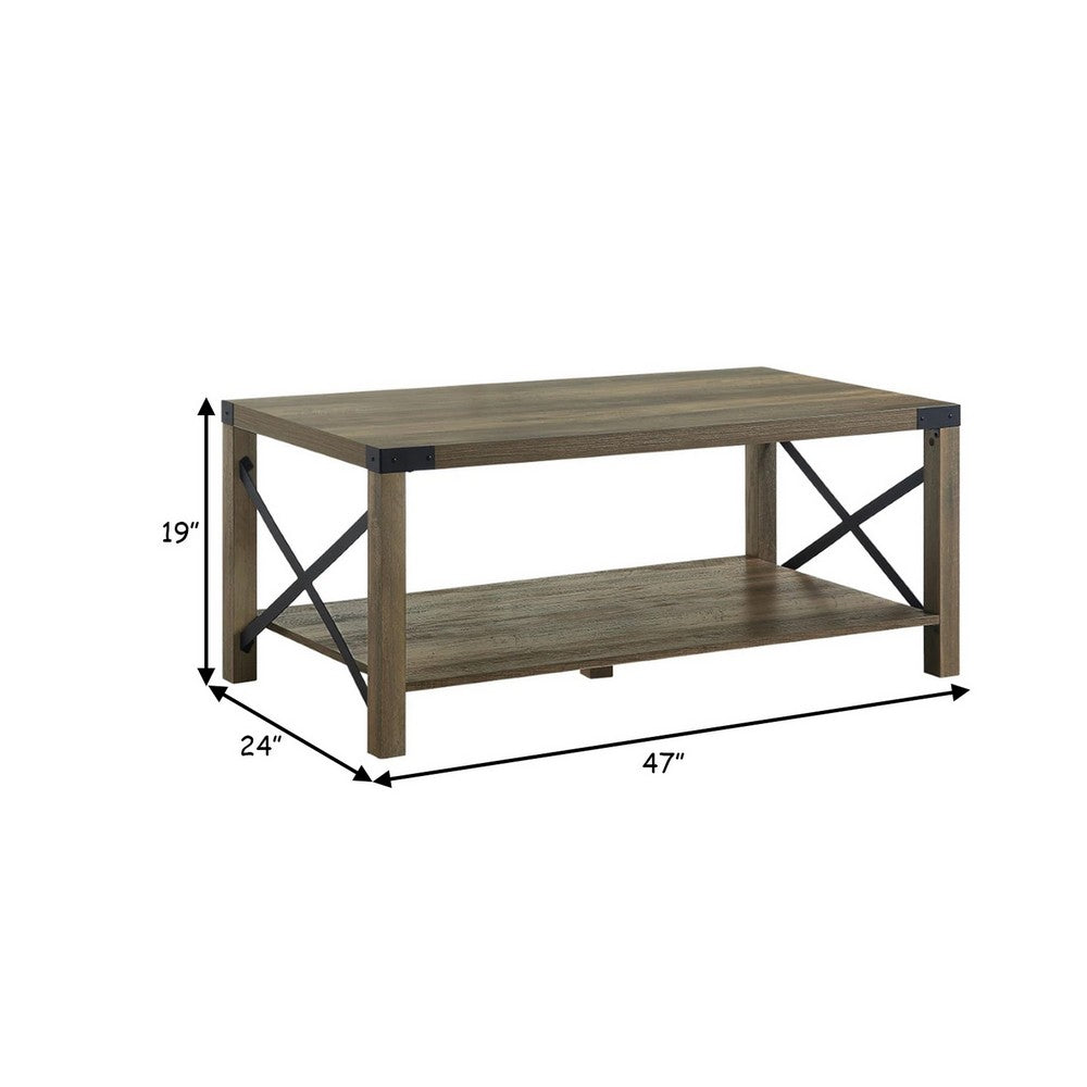 Benjara Eli 47 Inch Wood Coffee Table, Metal Brackets, Cross Bars, Rustic Oak Brown