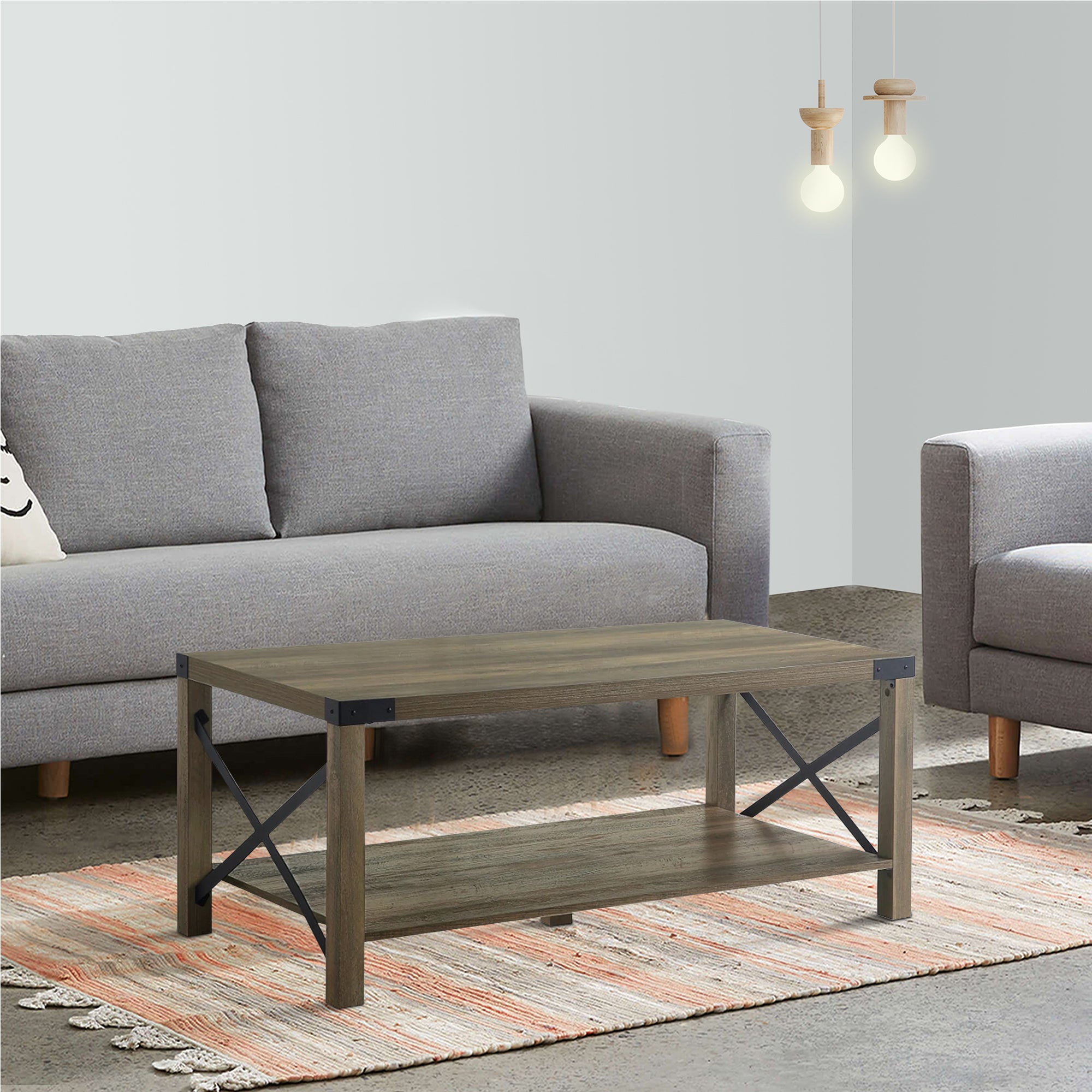 Benjara Eli 47 Inch Wood Coffee Table, Metal Brackets, Cross Bars, Rustic Oak Brown