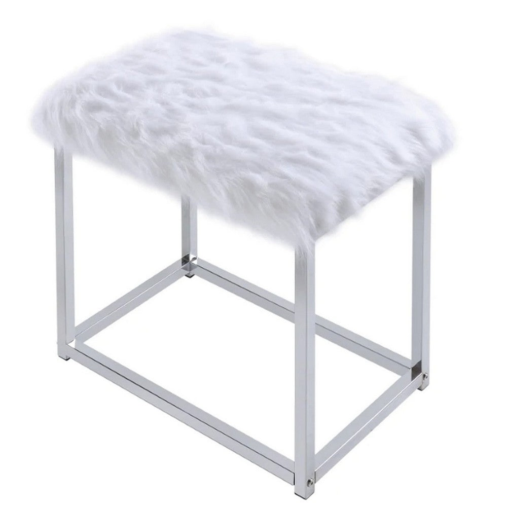 Benjara Rose Round Vanity Mirror with Stool, Faux Fur Seat, Gray, White
