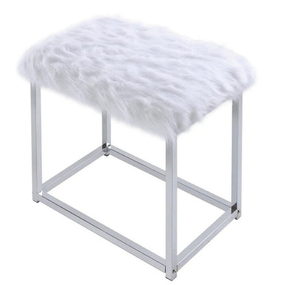 Benjara Rose Round Vanity Mirror with Stool, Faux Fur Seat, Gray, White