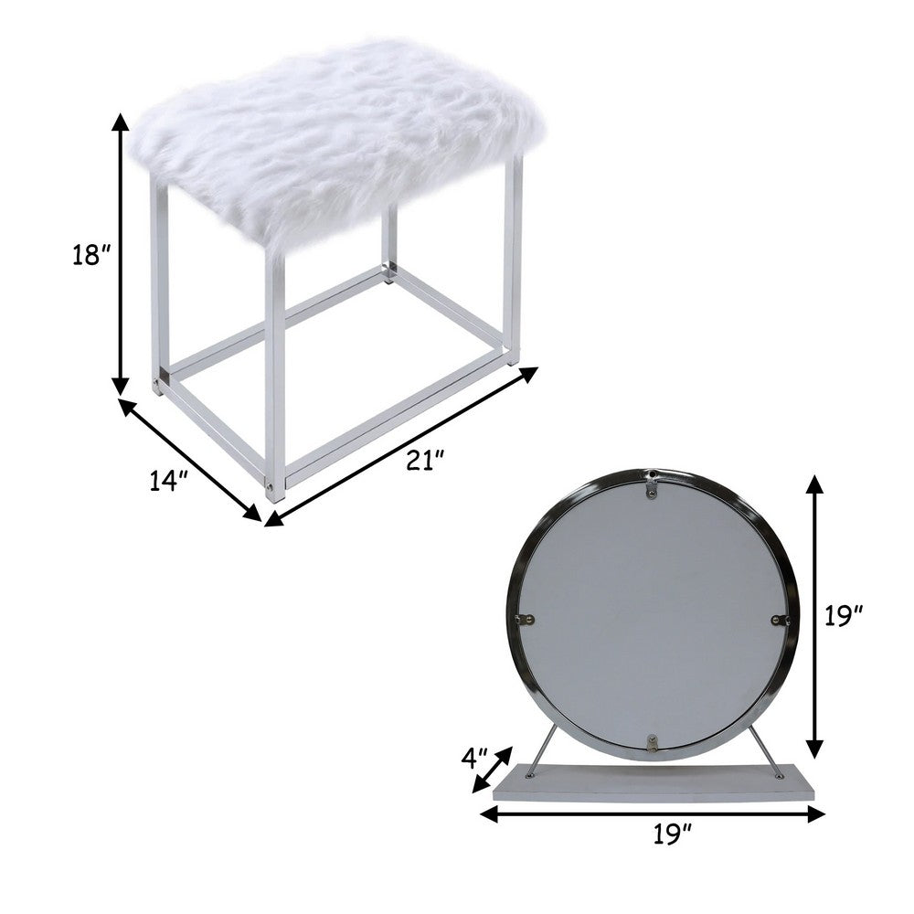 Benjara Rose Round Vanity Mirror with Stool, Faux Fur Seat, Gray, White