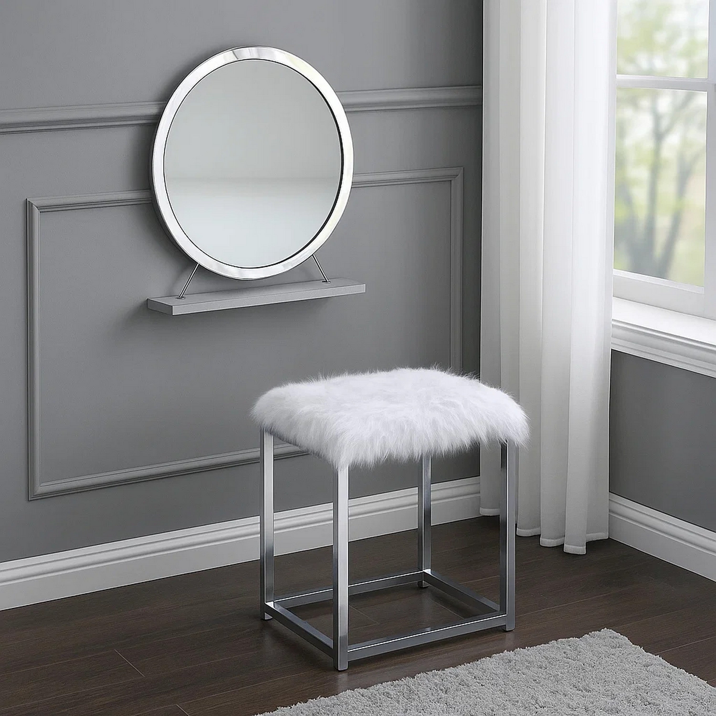 Benjara Rose Round Vanity Mirror with Stool, Faux Fur Seat, Gray, White