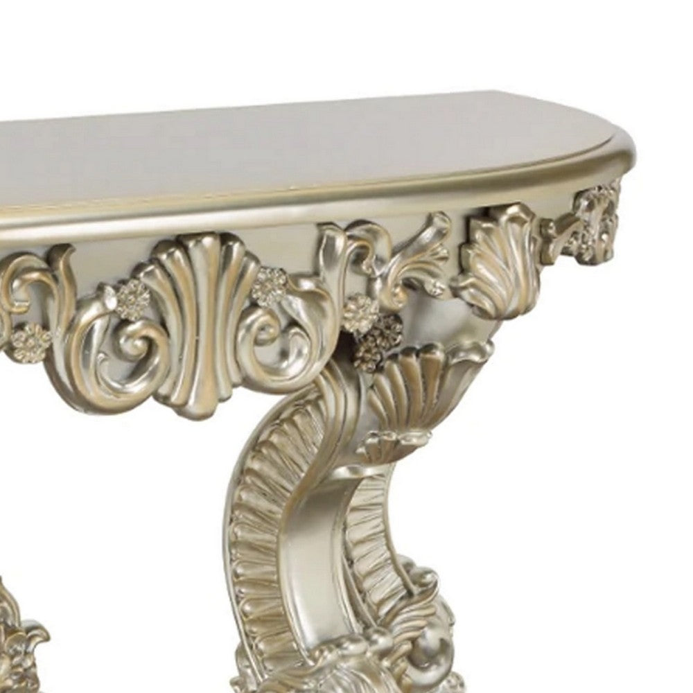 Benjara Esen 67 Inch Crescent Sofa Table Sideboard Console, Carvings, Antique Gold