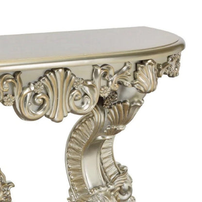 Benjara Esen 67 Inch Crescent Sofa Table Sideboard Console, Carvings, Antique Gold