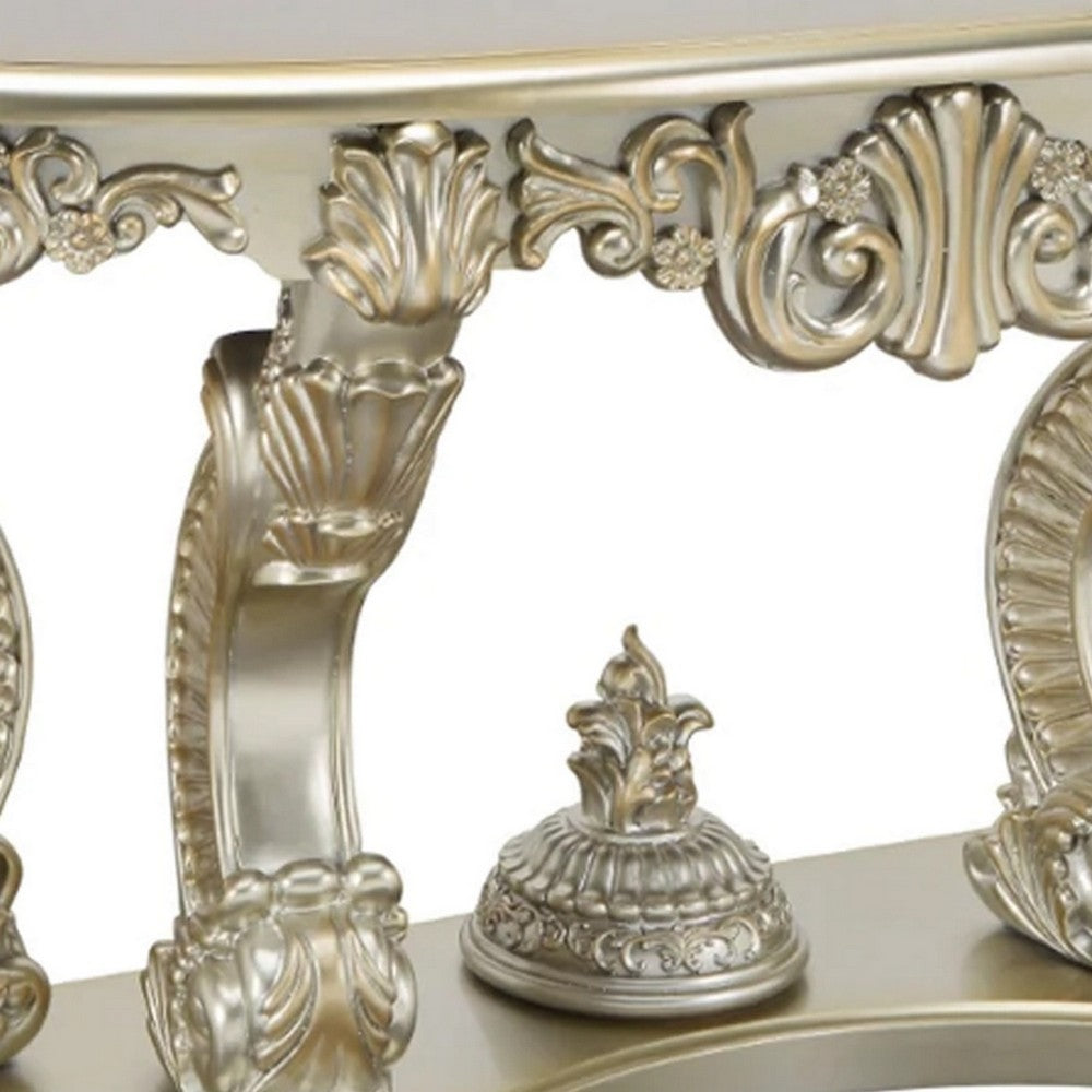 Benjara Esen 67 Inch Crescent Sofa Table Sideboard Console, Carvings, Antique Gold