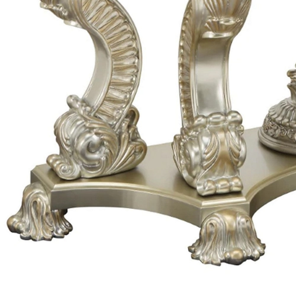 Benjara Esen 67 Inch Crescent Sofa Table Sideboard Console, Carvings, Antique Gold