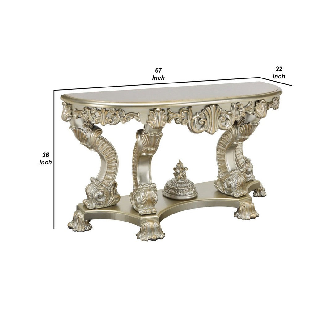 Benjara Esen 67 Inch Crescent Sofa Table Sideboard Console, Carvings, Antique Gold