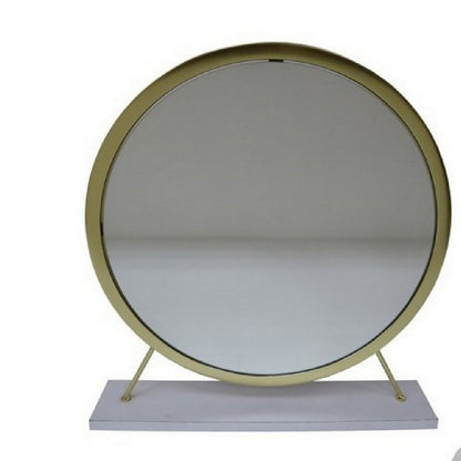 Benjara Rose Round Vanity Mirror with Stool, Faux Fur Seat, Brass, White