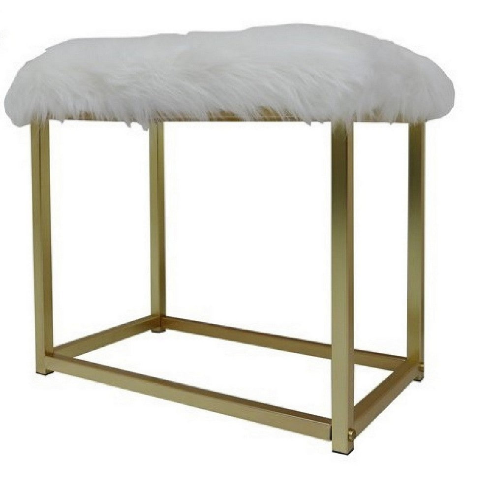Benjara Rose Round Vanity Mirror with Stool, Faux Fur Seat, Brass, White
