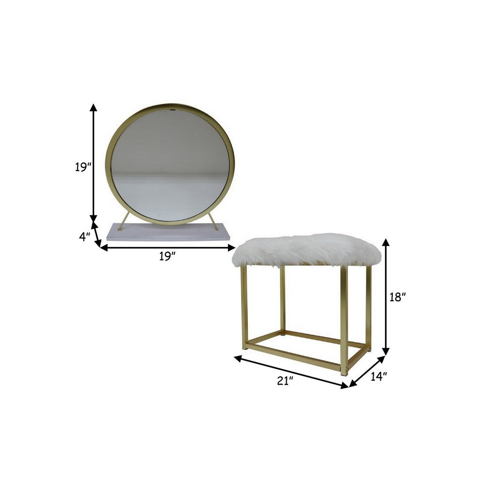 Benjara Rose Round Vanity Mirror with Stool, Faux Fur Seat, Brass, White